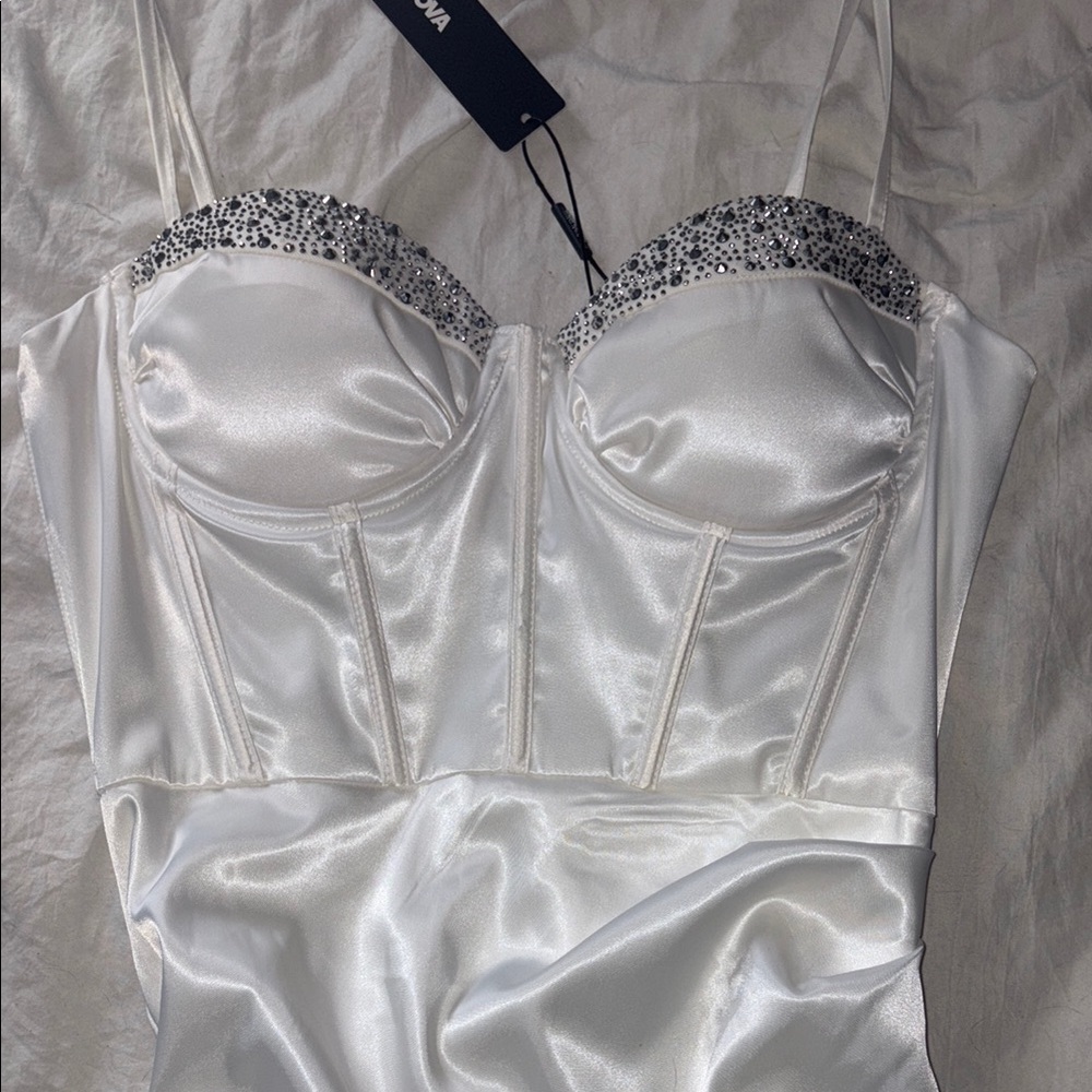 Fashion Nova White Midi Dress with Satin Sheen